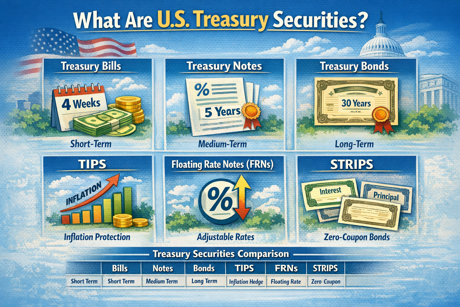 What Are US Treasury Securities? A Complete Guide to Treasury Bills, Notes, Bonds, TIPS, FRNs, and STRIPS